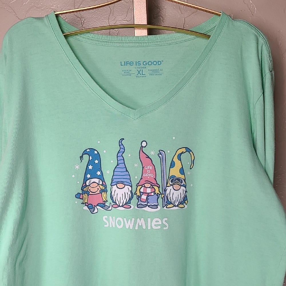 Life Is Good Mint Green Snowmies Tee 100% Cotton Gnomes Ski XL